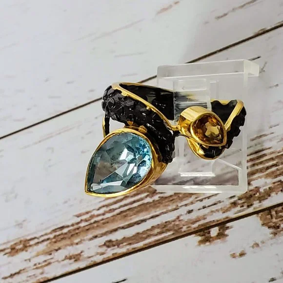 Sea Legend Natural Blue Topaz Ring Sterling Silver & 14kt Gold Ring